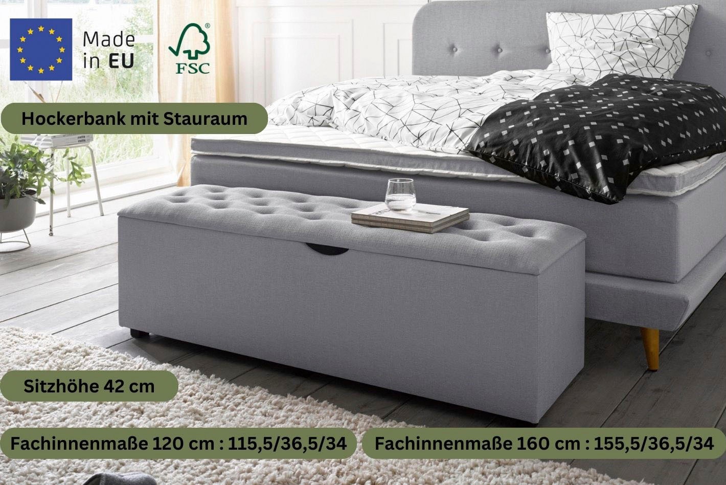 PLACES OF STYLE Hockerbank »Knobbed« Hockerbank mit Stauraum, Breite 120 cm und 160 cm