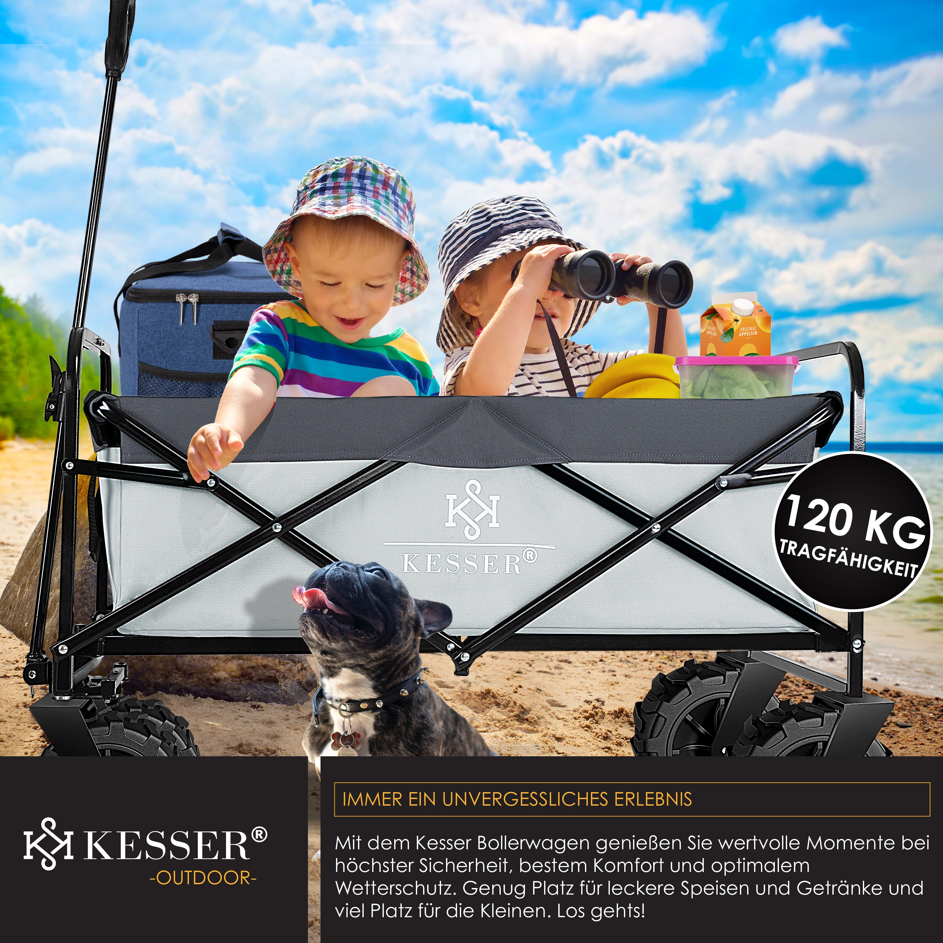KESSER® Bollerwagen faltbar mit Breite Reifen Handwagen Transportkarre Gerätewagen | inkl. 2 Netztaschen | klappbar | Kunststoff-Reifen | bis 120 kg Tragkraft transportwagen Gartenanhänger