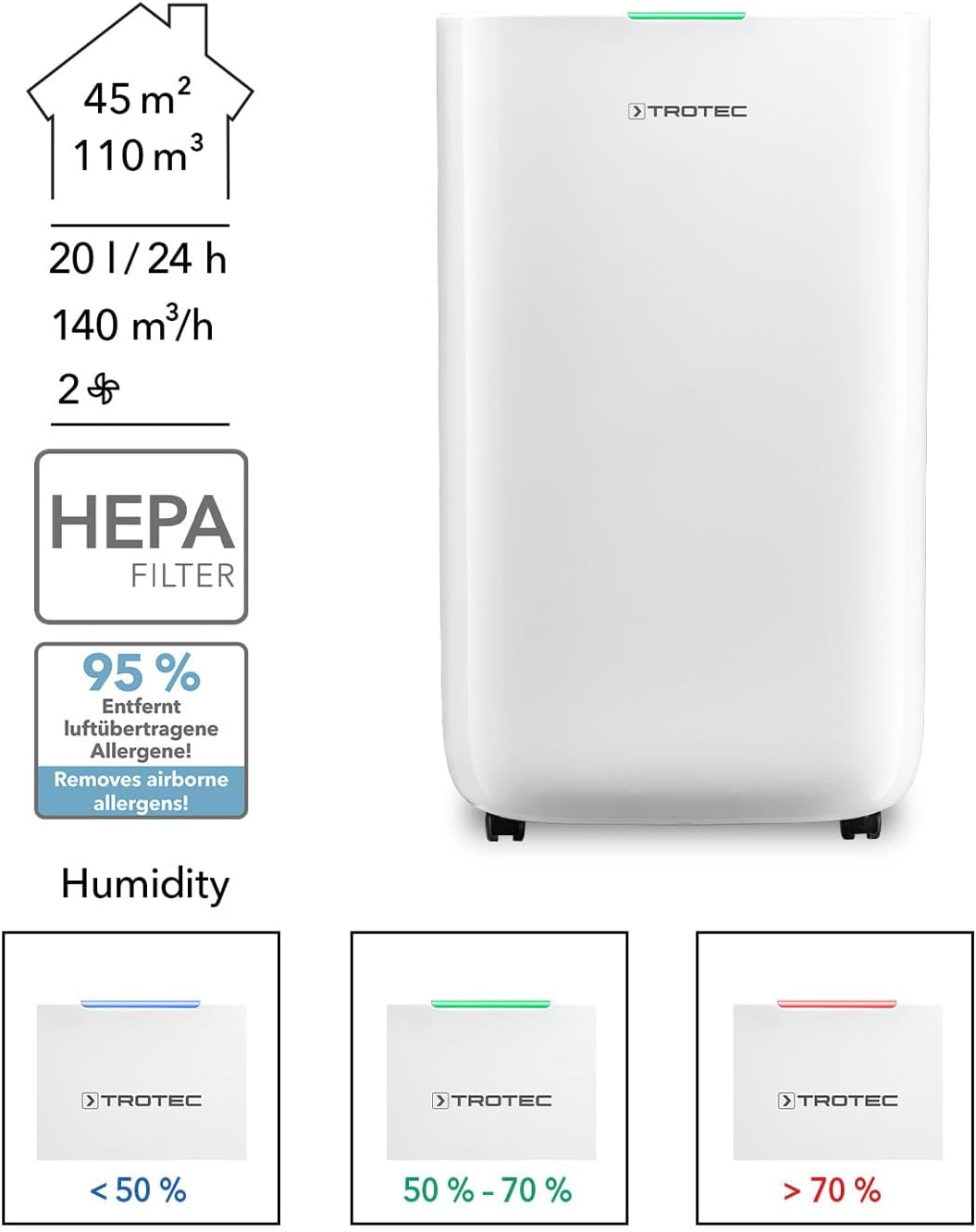 TROTEC Luftentfeuchter elektrisch TTK 70 HEPA (Plus) – Leistung 20 L/Tag – Fläche 45 m² / 110 m³ – 2in1 Luftreiniger mit HEPA Filter