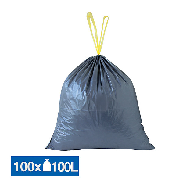Sacs poubelle déchets courants poignées coulissantes gris 100 L, lot de 100