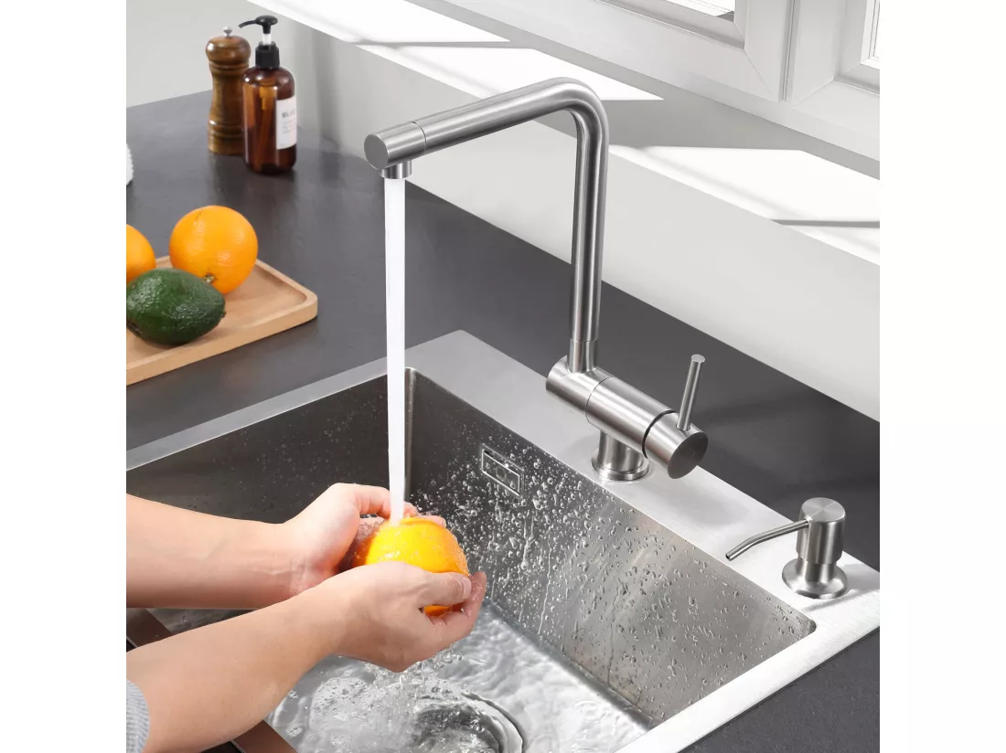 2PCS Mitigeur Evier Repliable en Acier Inoxydable Brossé devant Fenêtre, Robinet Évier Pivotant à 360º Robinet de Cuisine avec barboteur démotable
