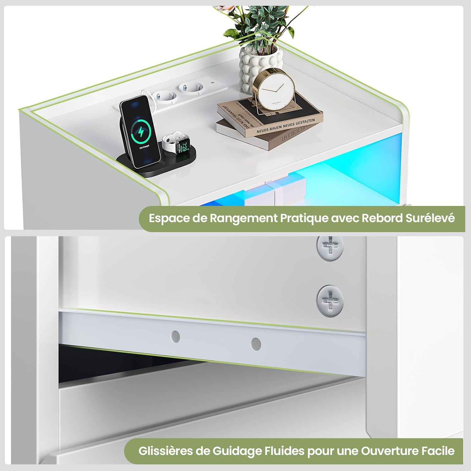 2er Set Nachttisch mit Steckdosenleiste Nachtschrank mit Geräumiger Tischplatte,3 Schubladen und 1 Fach,Beistelltisch mit LED-Beleuchtung,Modern Sofatisch Couchtisch für Wohn- Schlafzimmer (2, Weiß)