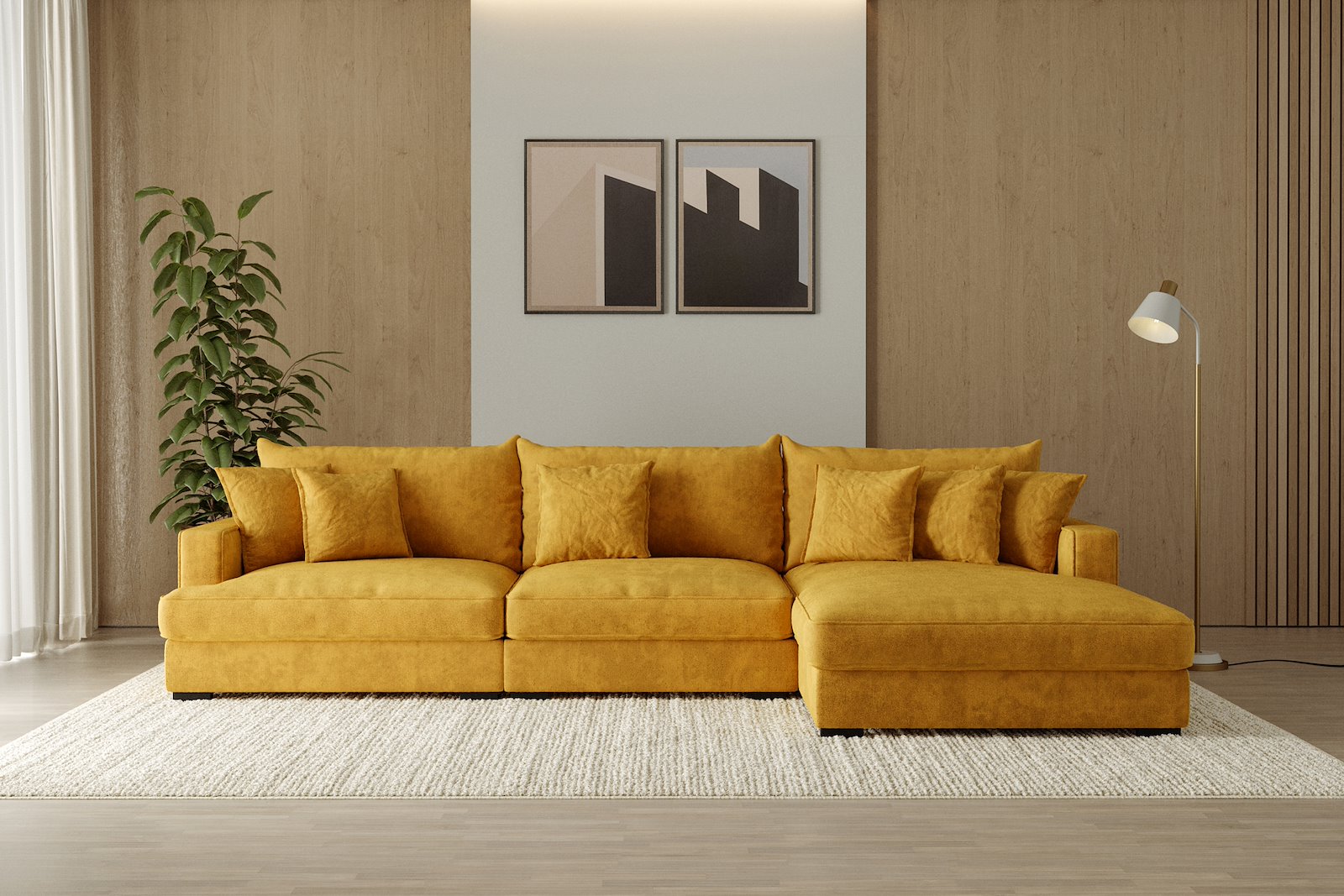 Rossi Lux 3-seter med sjeselong høyre Tekstil Genesis 10 Golden Yellow, arm A med sorte ben. Lux Komfort.