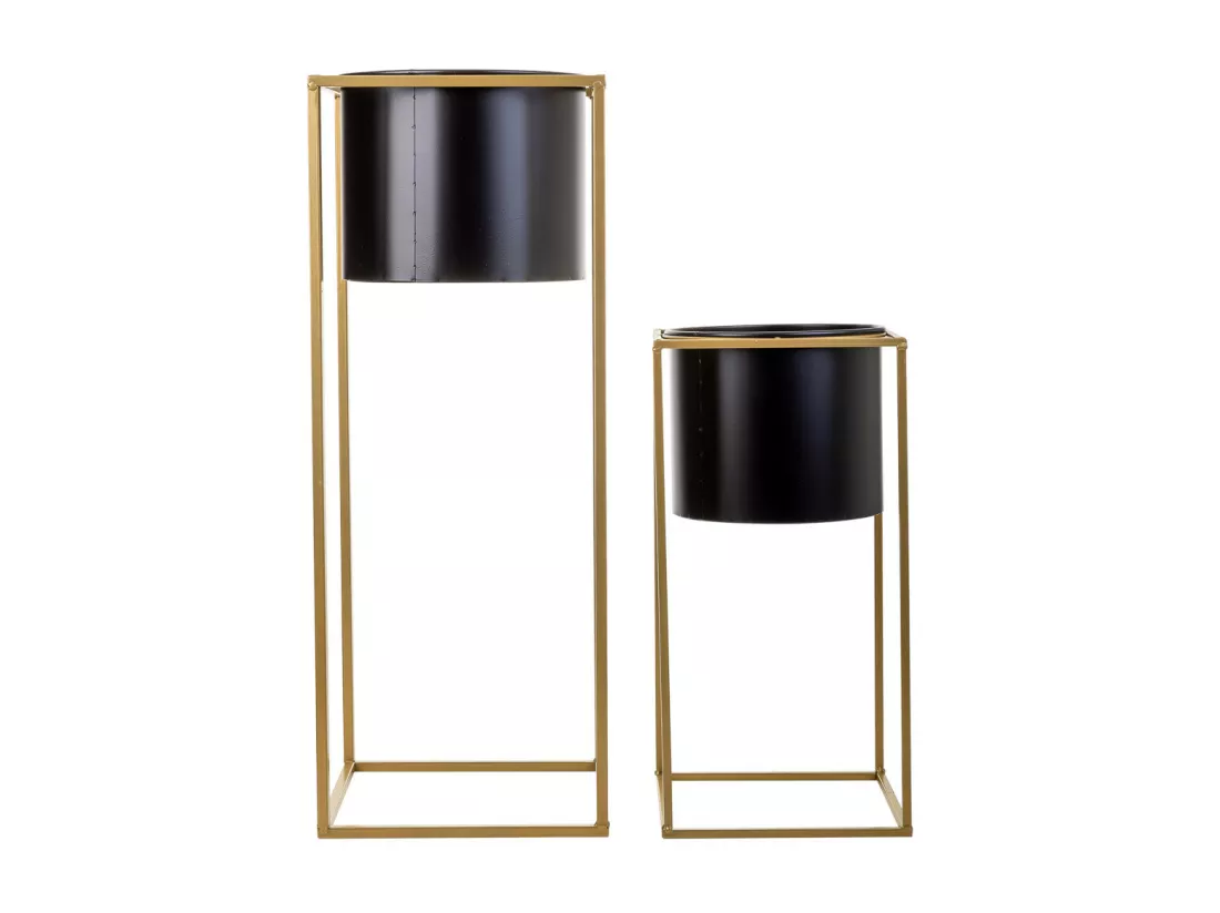 Lot de 2 jardinières en métal avec support en métal noir 27x27x70h-22x22x46h cm
