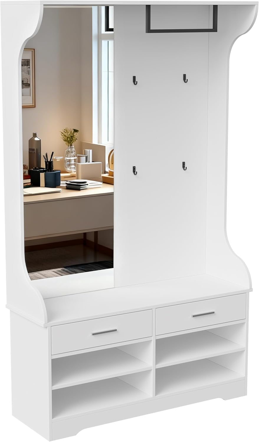 Garderobe Set mit Spiegel, Flurgarderoben Set mit 4 Haken, 2 Schublade, Schuhschrank, Flurschrank mit Wäscheständer, Wandgarderobe,Kompaktgarderobe Schmaler Flur, 104x35x180cm (Weiß)