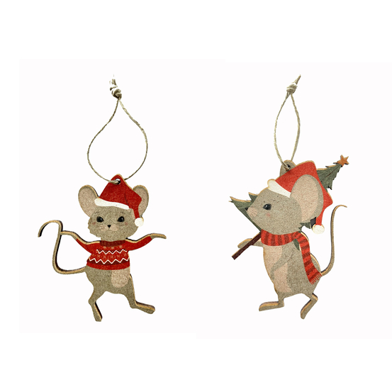 Suspensions en bois DIY thème Les petites souris de Noël H.9 cm x 10
