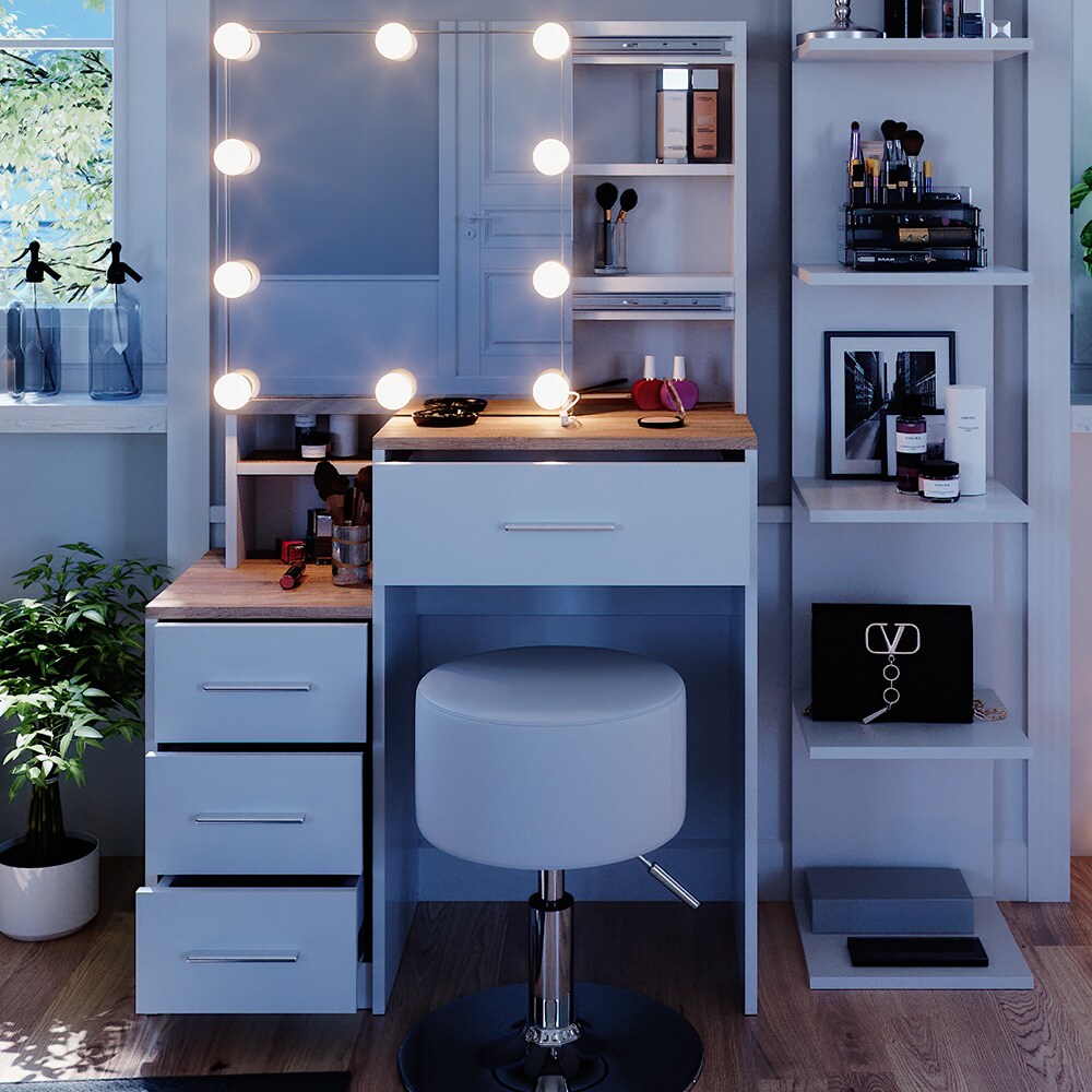 Vicco Schminktisch Frisiertisch Kosmetiktisch Conrada Weiß Sonoma Schminkspiegel 80x132 modern Hocker LED Beleuchtung Schlafzimmerkommode Schminkkommode Schublade Spiegelschrank Frisierkommode Make-Up-Tisch