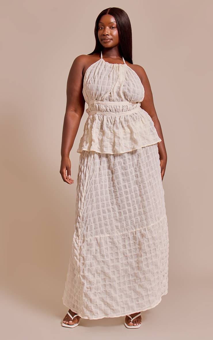 Crème Jupe Longue Froncée Texturée Grande Taille Coordonnée