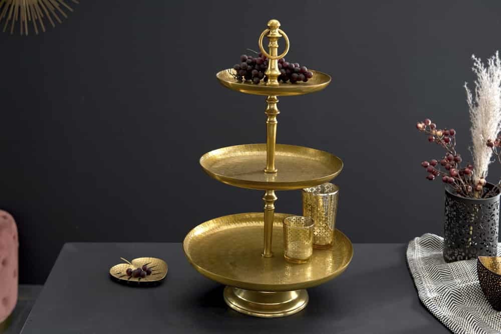 Design Etagere ORIENT 50cm gold im Wild Hammerschlag mit drei Etagen