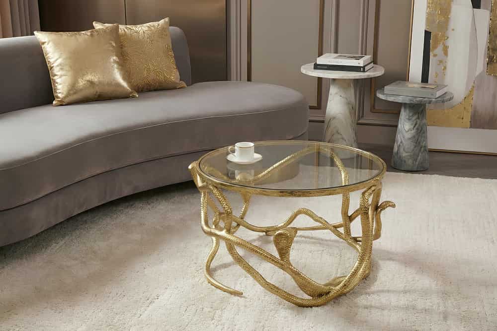 Extravaganter Couchtisch SNAKE 70cm gold rund Metall Schlangen-Skulptur Glasplatte