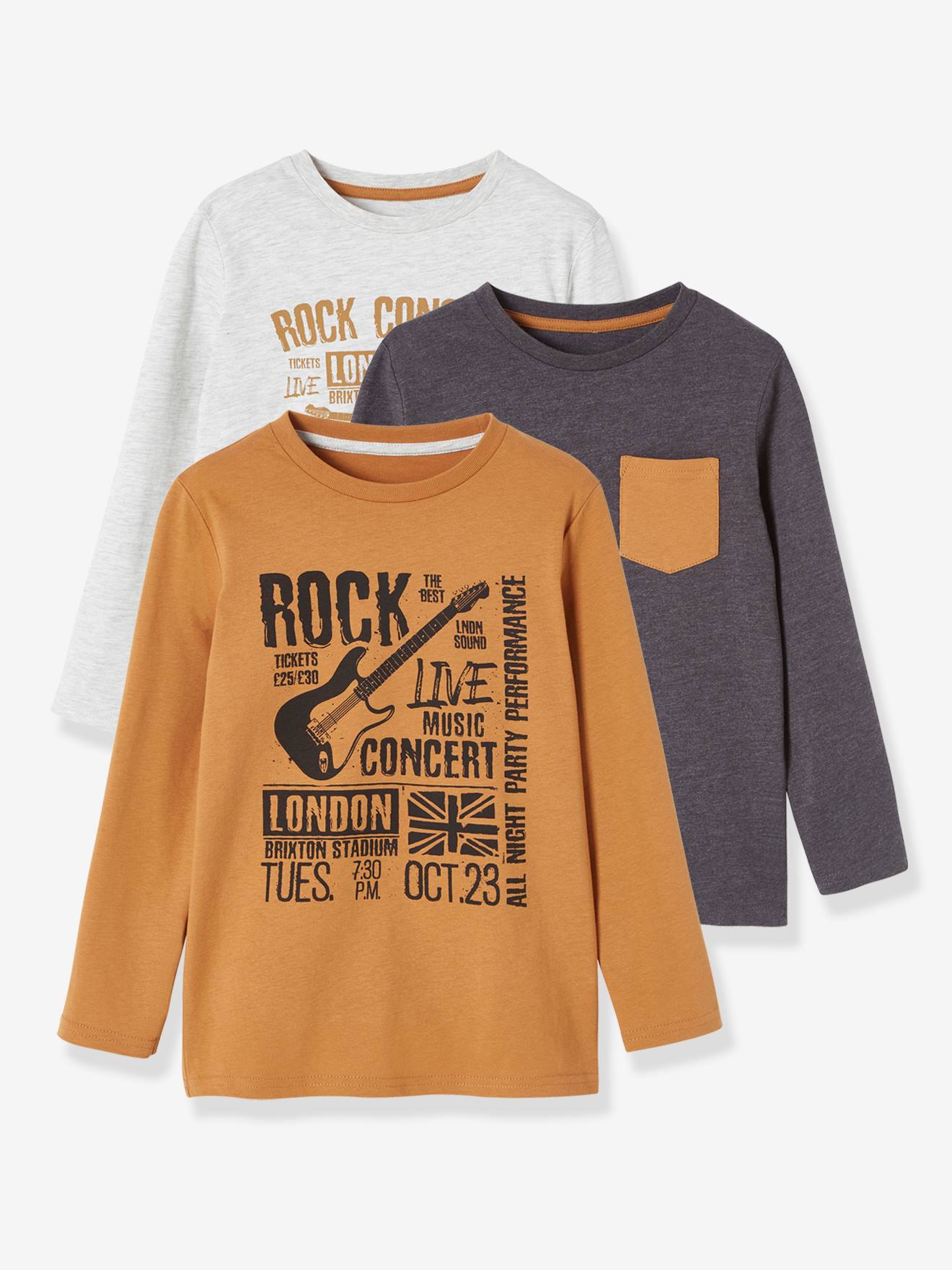 Pacote com 3 camisetas infantis sortidas, marrom médio, lisas com estampas.