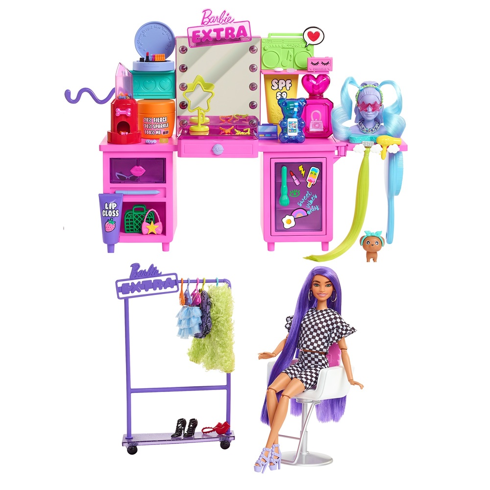 Barbie Extra Puppe und Schminktisch-Spielset mit 45 Accessoires