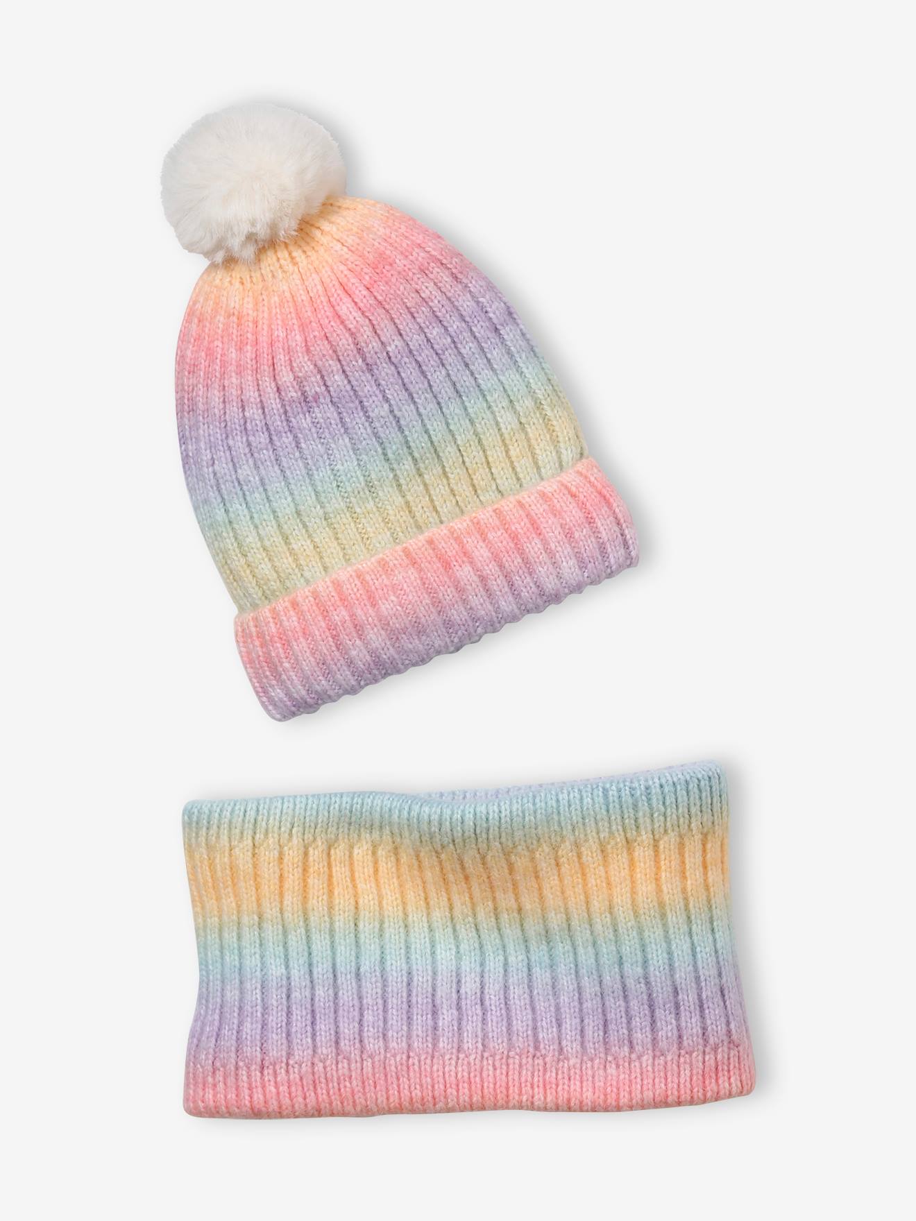 Conjunto de gorro e cachecol arco-íris para meninas 6381