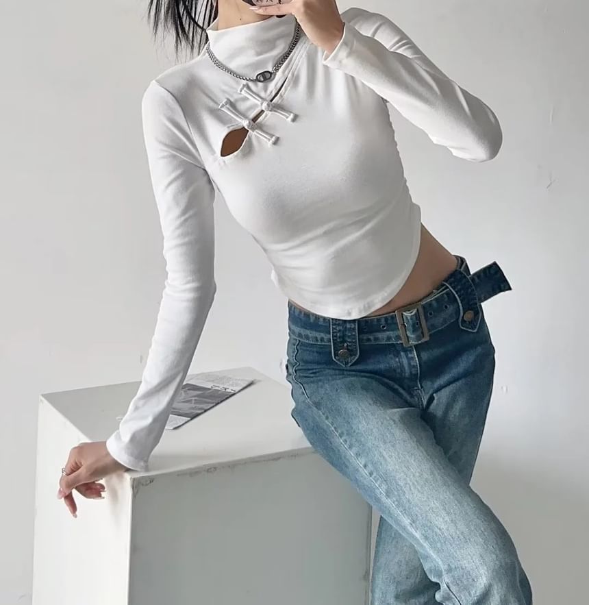 Reknovine - Top met lange mouwen, mockneck, effen uitsparing en gerimpelde sluiting met kikkermotief
