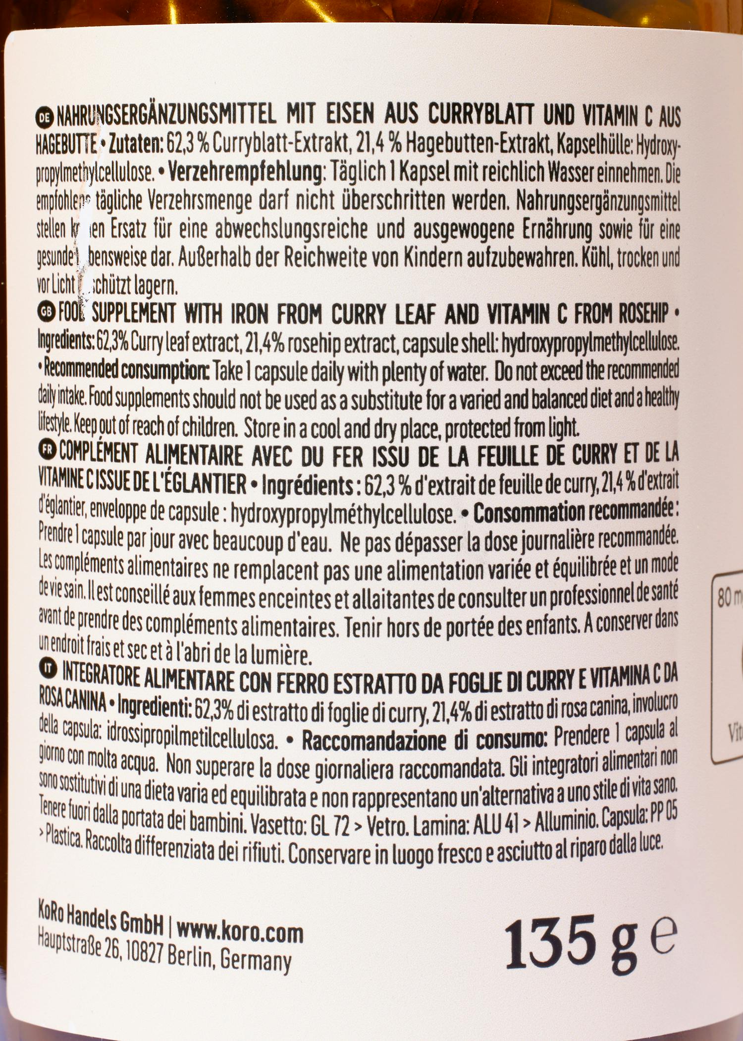 Natürliches Eisen   Vitamin C aus Curryblatt und Hagebutte Kapseln 180 Stück