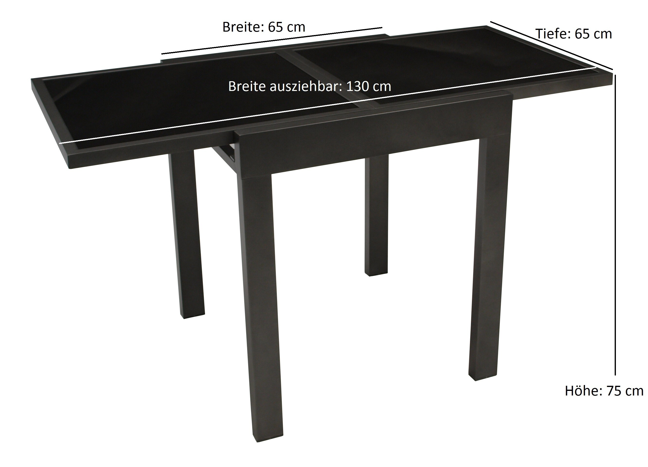 DEGAMO Balkon-Ausziehtisch TORINO 65/130x65cm, Aluminium anthrazit + Glas schwarz