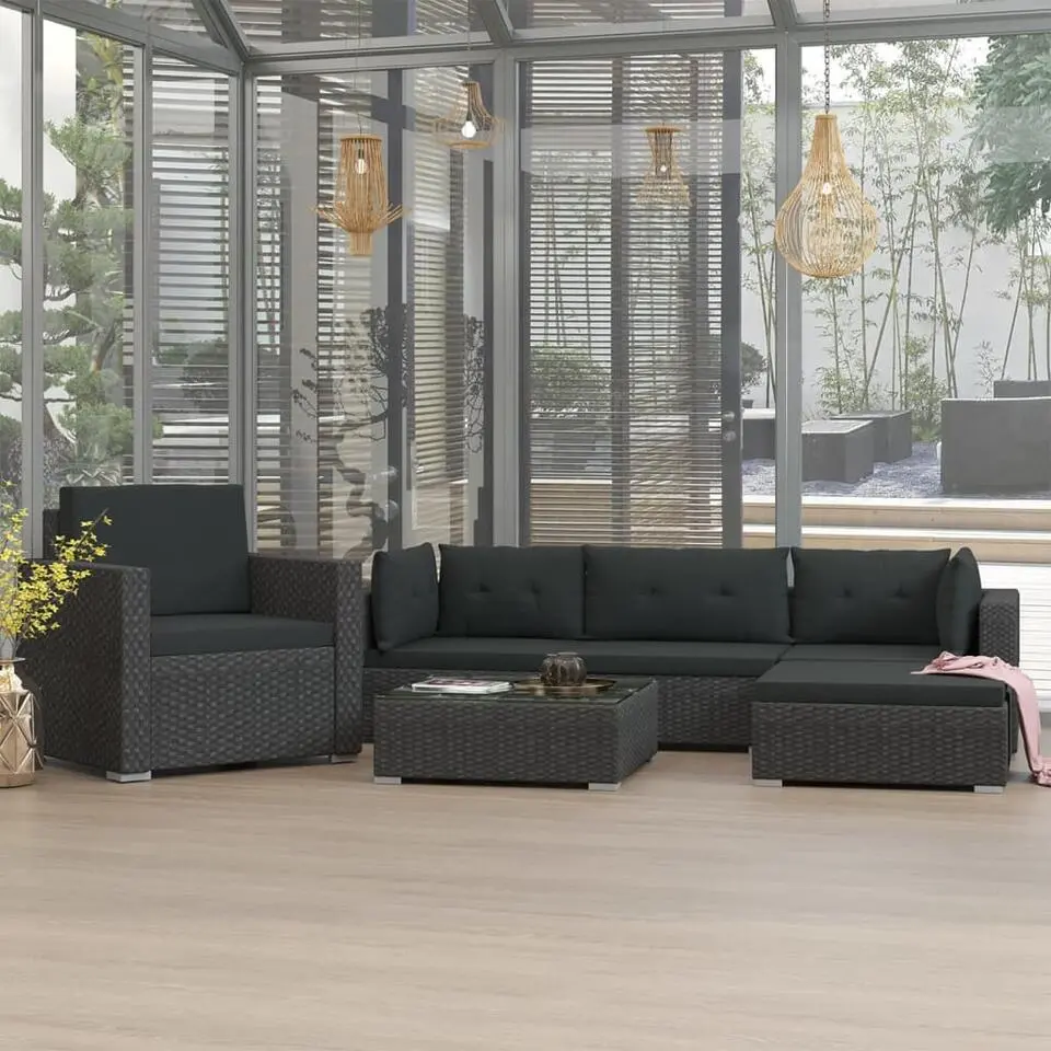 vidaXL - Loungeset - Zwart - Poly rattan - 6 stuks - Met kussens