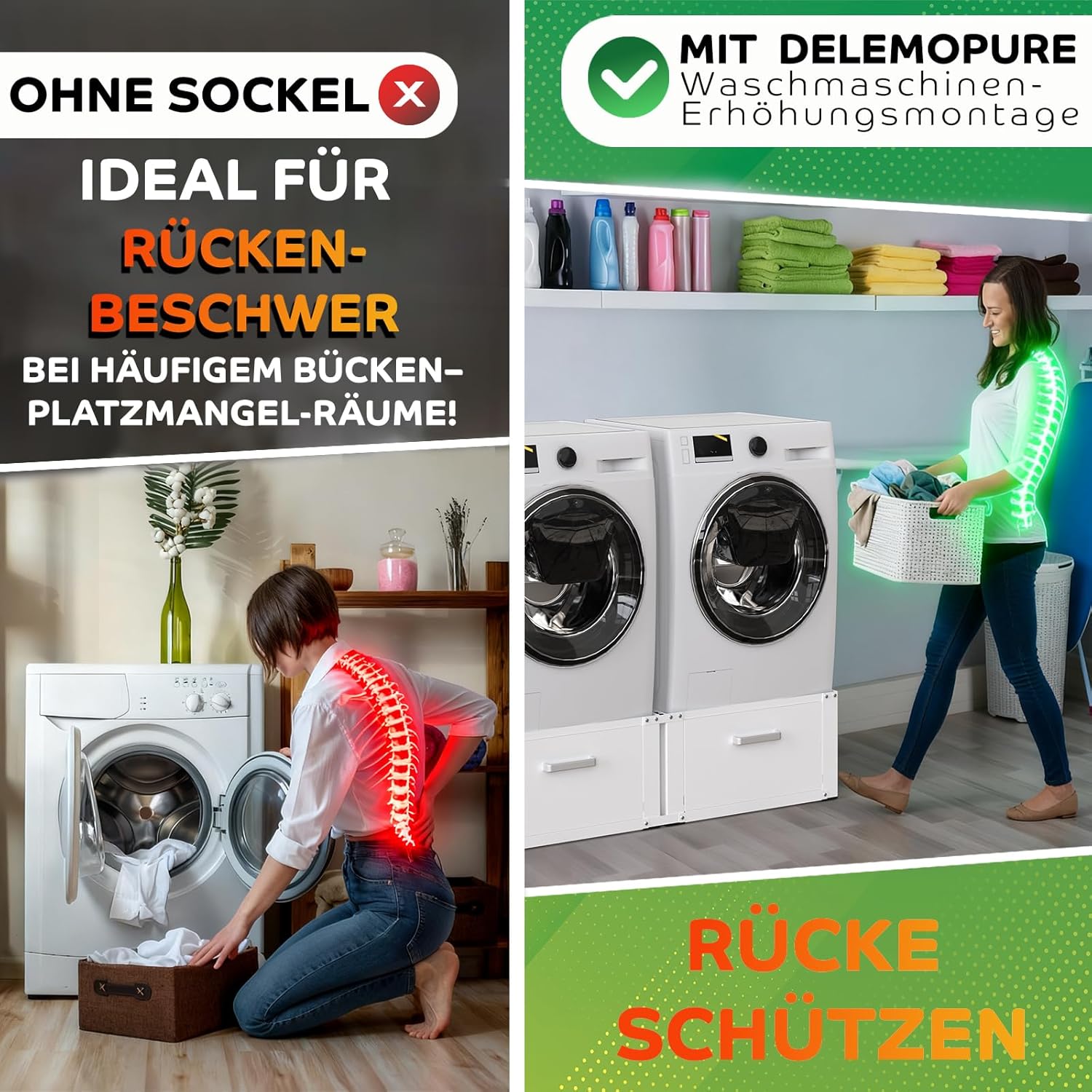 Stabiler Waschmaschinen Untergestell mit 2 Schubladen Waschmaschinen Unterschrank 500kg Tragkraft Waschmaschine mit Hohem Sockel Stahl Doppel Podest für Waschmaschine und Trockner