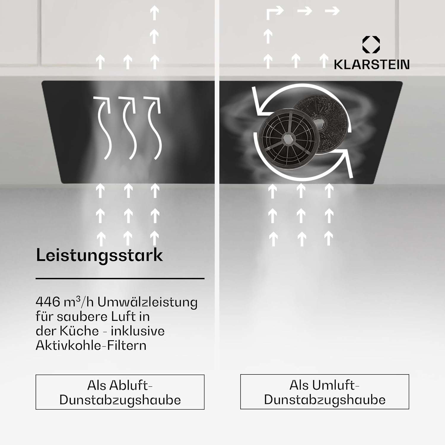 Klarstein Dunstabzugshaube 52cm, Abluft/Umluft-Dunstabzugshaube, Dunstabzug mit Filter, LED-Beleuchtung & Touch-Bedienfeld, Leise Abzugshaube mit 466 m³/h Luftstrom, Effizienter Edelstahl-Dunstabzug