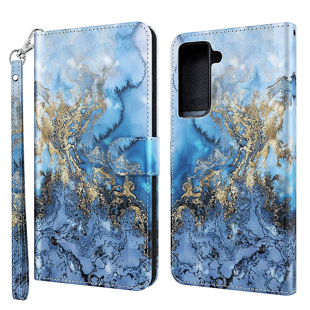 Samsung Galaxy S21 FE 5G Leder Tasche mit Kartenfach   Handschlaufe - Marble Marmor (Blau / Gold)
