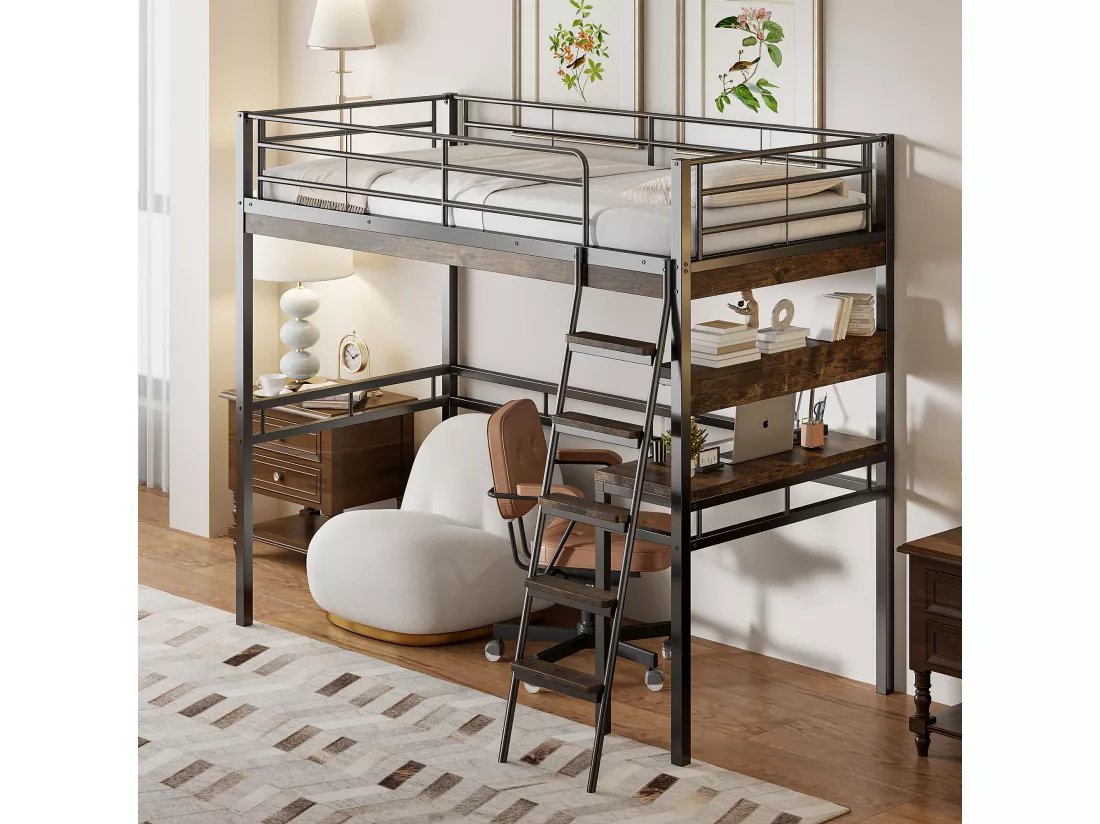 Lit mezzanine 90x200cm - avec bureau + étagères + barrières - Noir