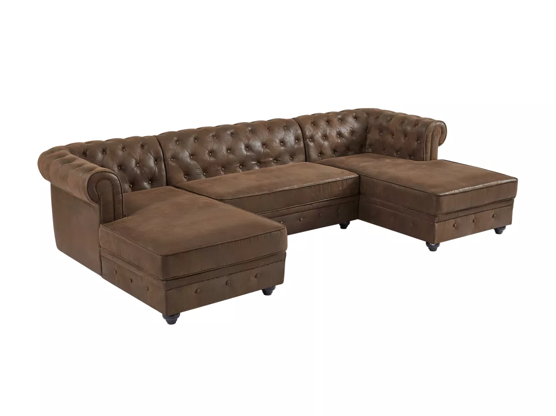 Canapé d'angle panoramique en microfibre aspect cuir vieilli CHESTERFIELD