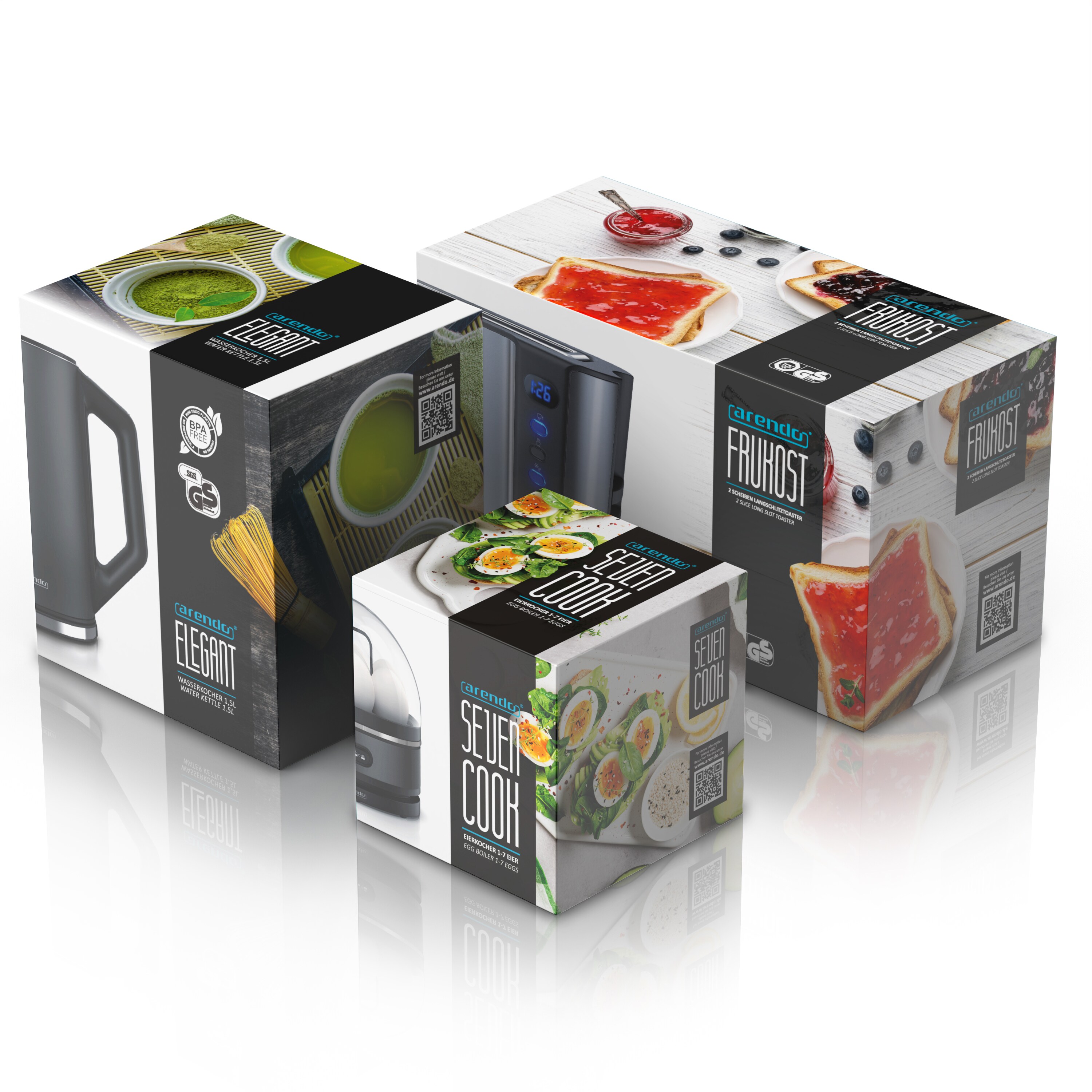 Arendo - Wasserkocher mit Toaster und Eierkocher SET Edelstahl Grau Wasserkocher 1,5L 40° - 100°C, Toaster 2 Scheiben LED-Display 6 Bräunungsgrade