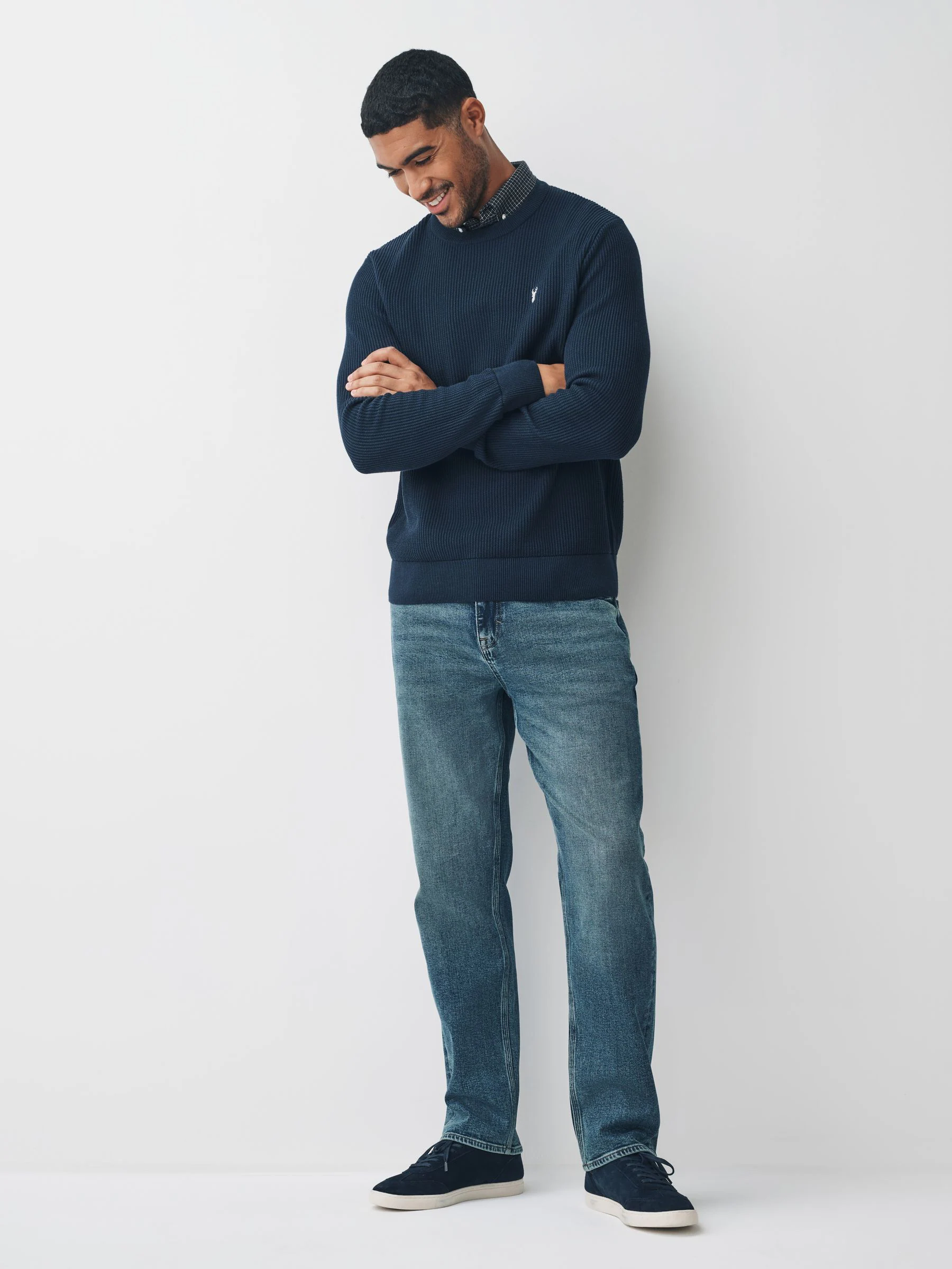 Donkerblauw - Regular fit trui met overhemdkraag