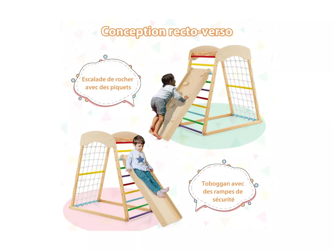 6 en 1 Triangle d'escalade en Bois Enfants avec Rampe Double Face, Aire de Jeu d’Escalade Intérieur avec Inclinaison Réglable, Filet et Echelle pour Grimper & Glisser pour 1 an+ (Multicolore)