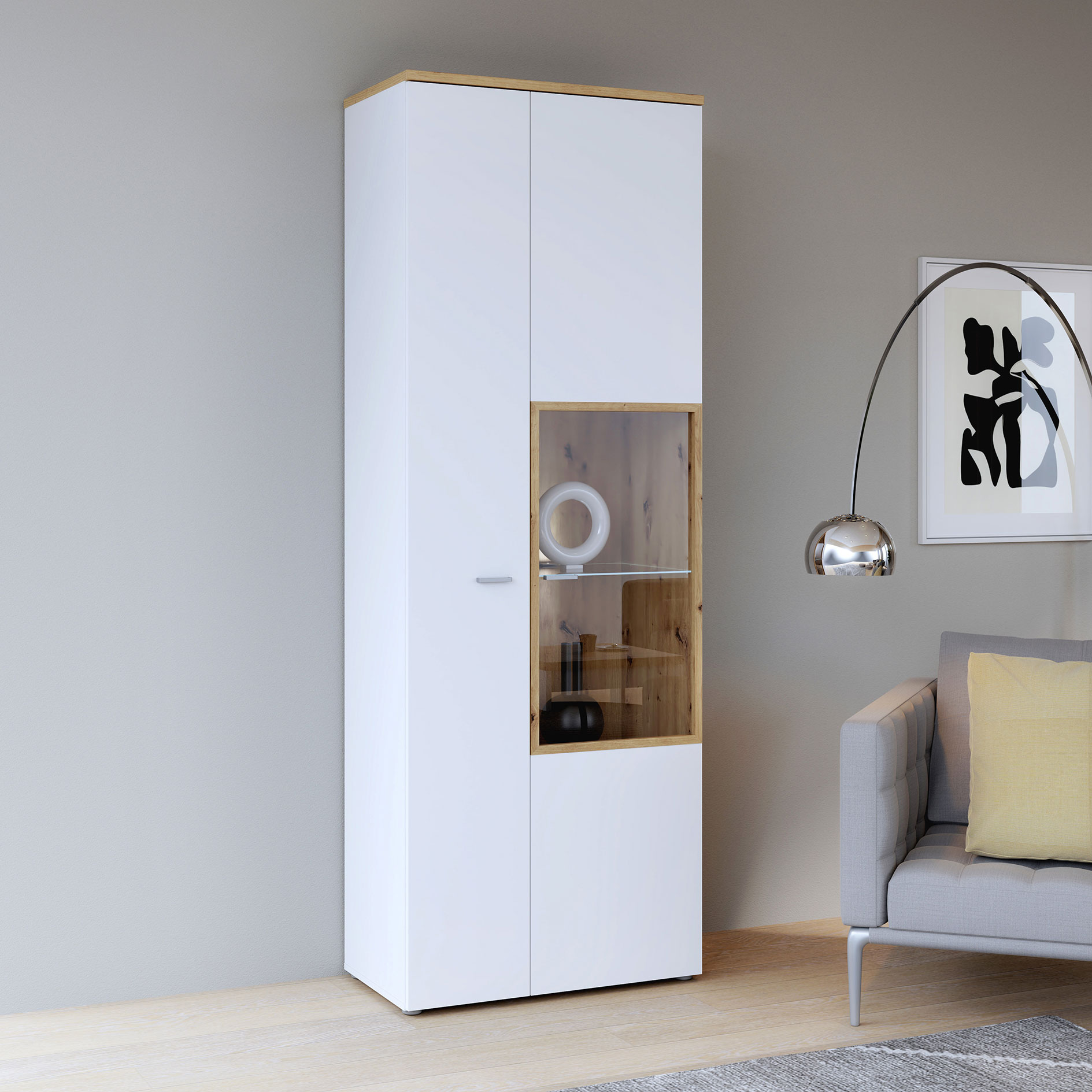 Standvitrine - weiß - Artisan Eiche - 75 cm breit