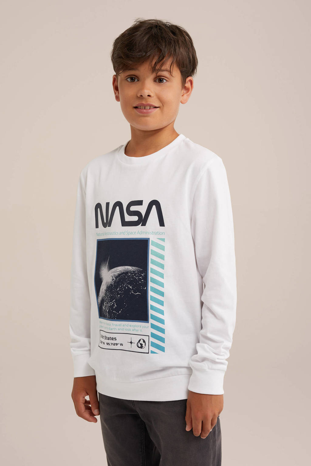 WE Fashion longsleeve met printopdruk wit/blauw