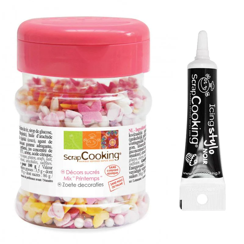 Décors sucrés Printemps 50 g + Stylo de glaçage noir Scrapcooking
