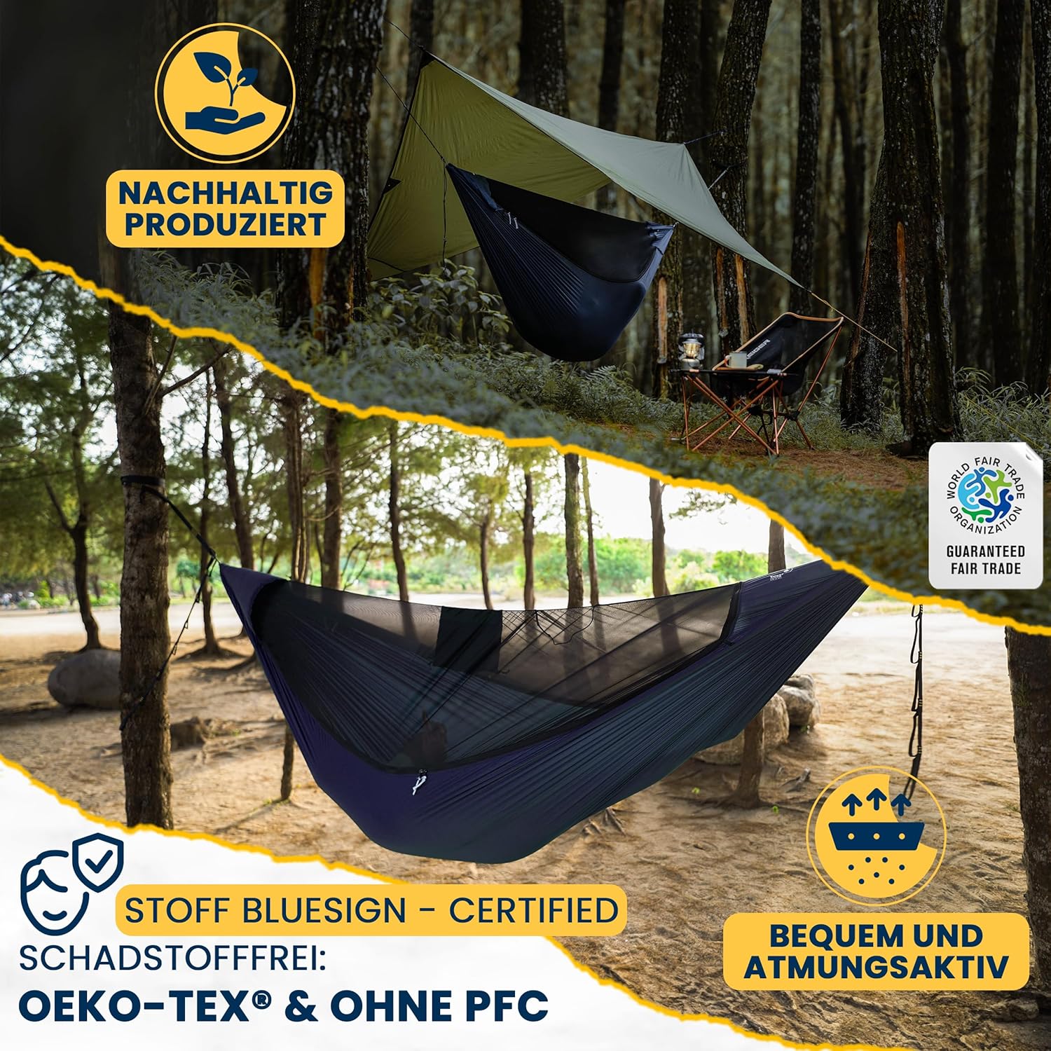 Lightest PRO-Hängematte - Ultraleicht (590 g), Kompakt (325 cm x 140 cm) - inkl. Insektenschutz & integrierter Ridgeline - variierbare Länge (bis zu 3,1 m), Aufbewahrungssystem (Marineblau)