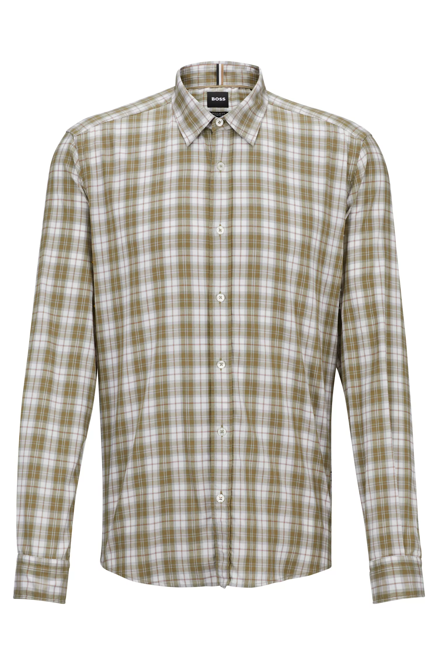 Camisa BOSS preta de corte regular em sarja elástica xadrez.