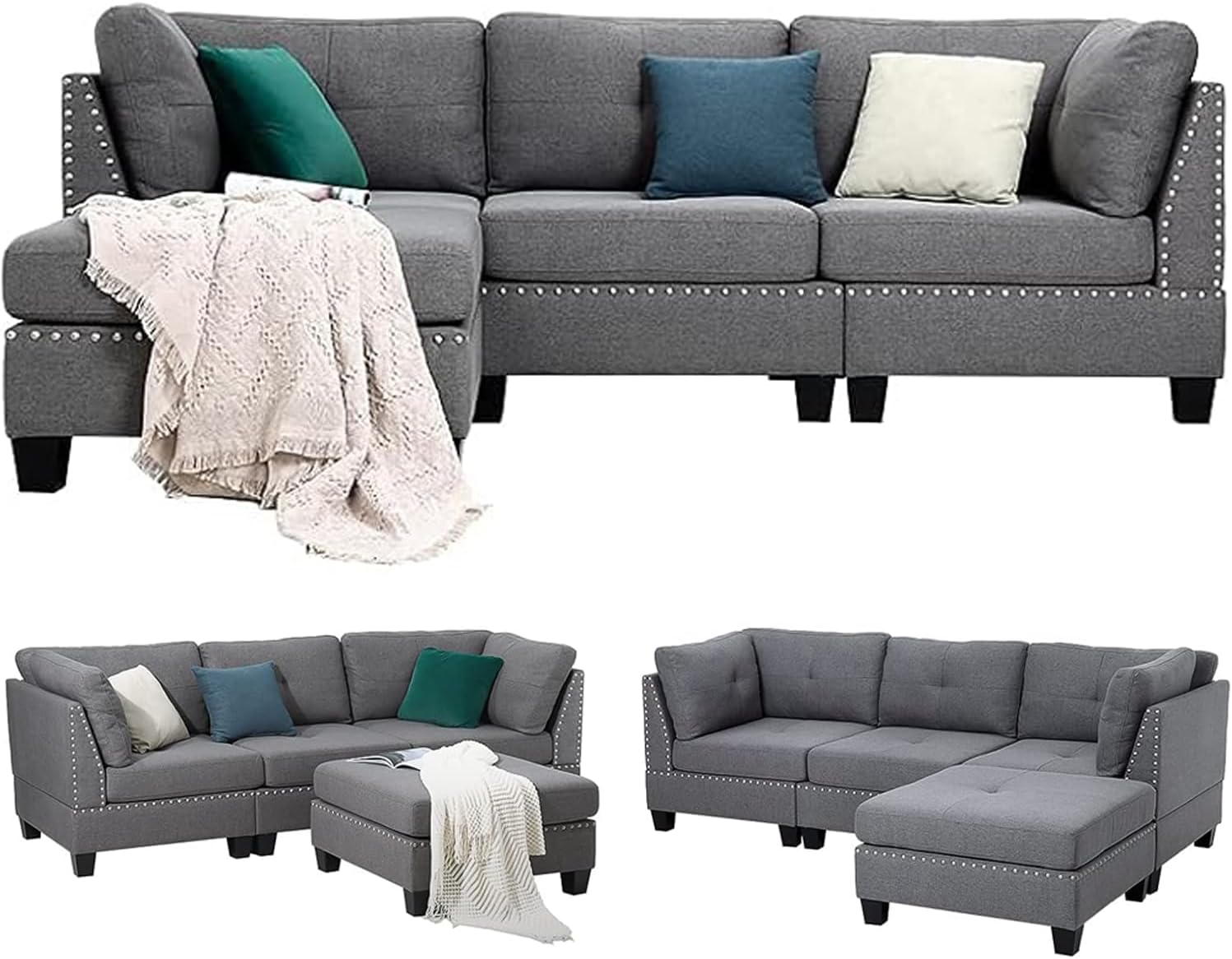 YODOLLA Ecksofa mit Schlaffunktion, L-Form Sofa Couch mit Bettkasten freistehend, 3-Sitzer Eckcouch, Schlafsofa für Wohnzimmer, Grau (Hocker Flexible beweglichkeit)