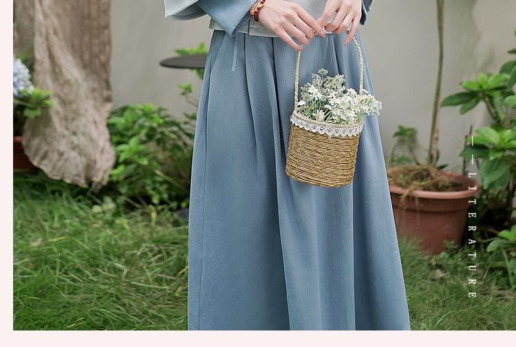 Fioridi - Hanfu-top met lange mouwen, bloemenborduursel en strik / A-lijn rok met hoge taille