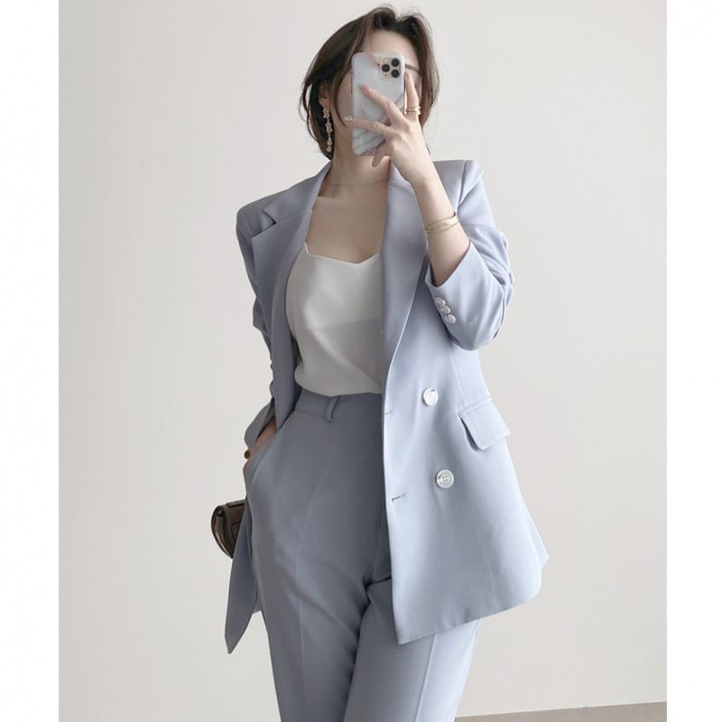 Yilda - Set: Dubbelrijs effen blazer + pantalon