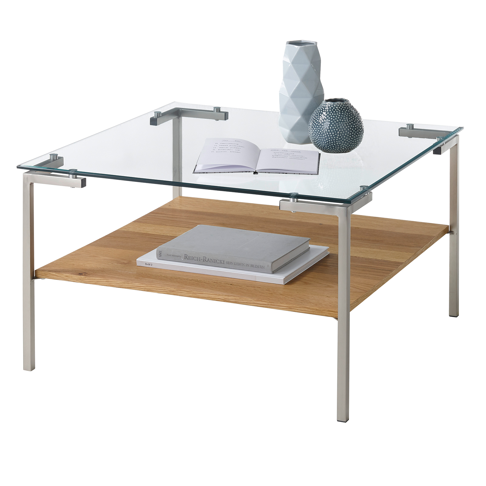 Couchtisch - Edelstahl-Eiche - Glasplatte - 65 cm