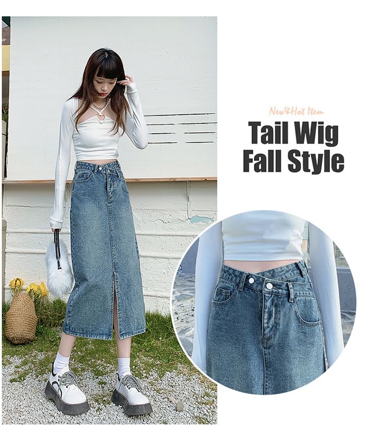 Denimot - Denim midi-kokerrok met hoge taille en split