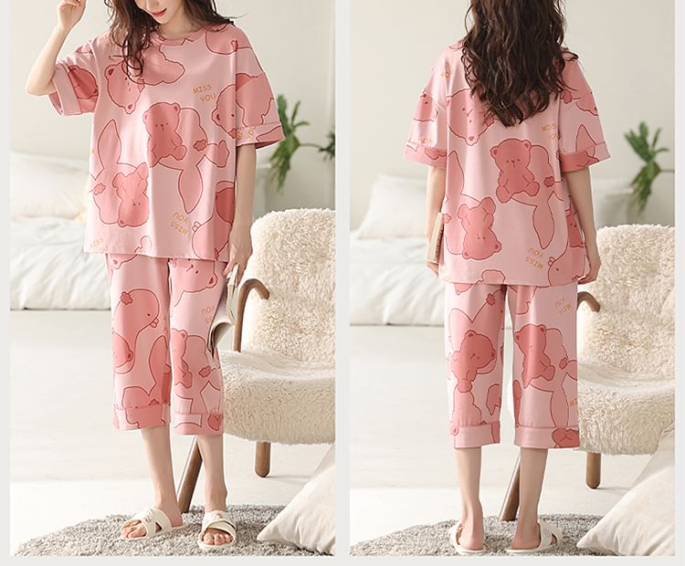 Jeony - Pyjamaset: T-shirt met korte mouwen en berenprint + korte broek