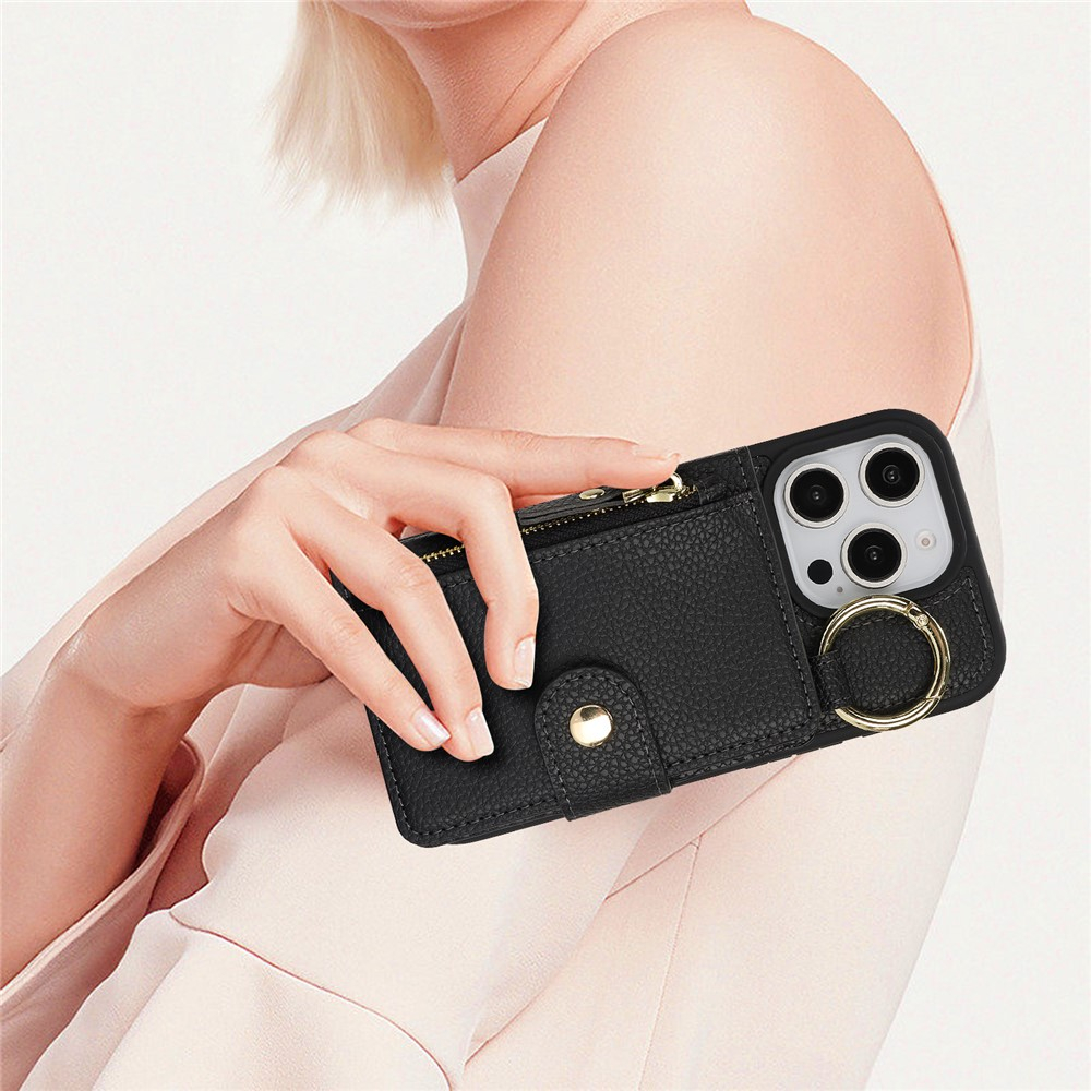 iPhone 16 Pro Leder Hülle mit Münzfach und Kartenfächer   Finger Griff Halterung - Schwarz