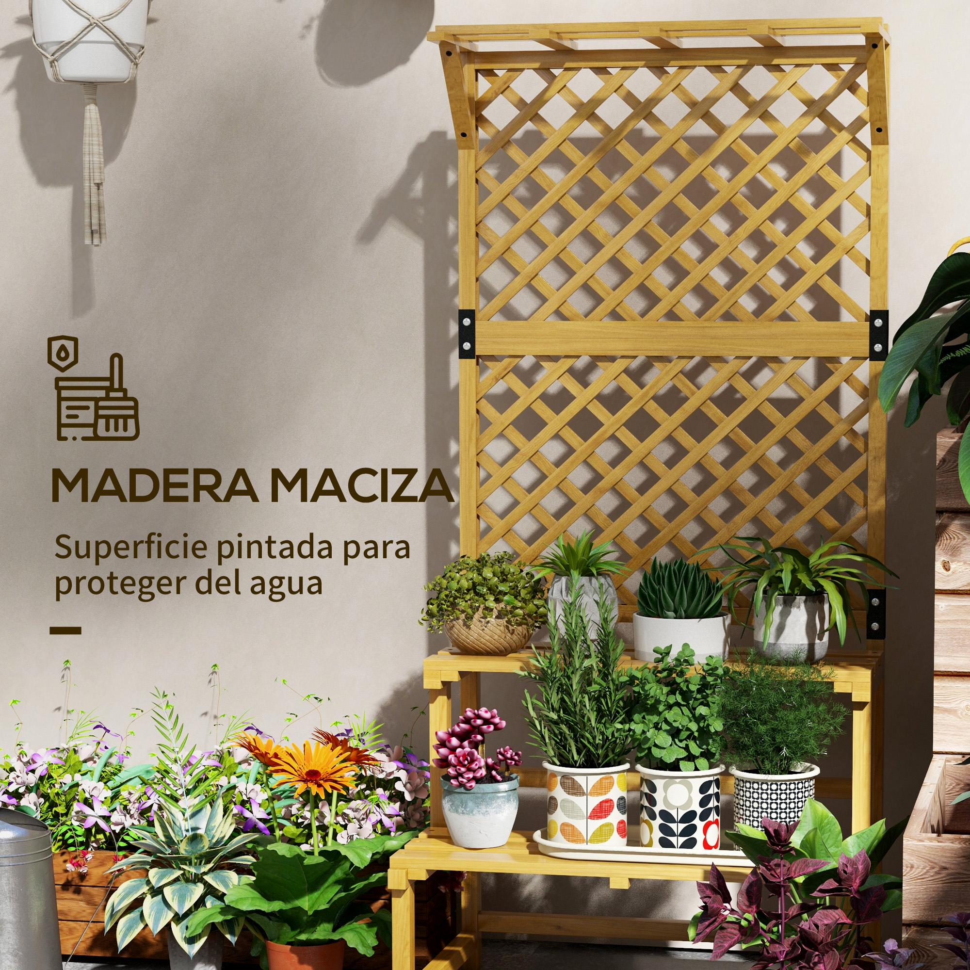 Suporte de madeira para plantas Outsunny, suporte para vasos de flores de 2 níveis com treliça para jardim, pátio, terraço e varanda, 75x50x166 cm, natural.