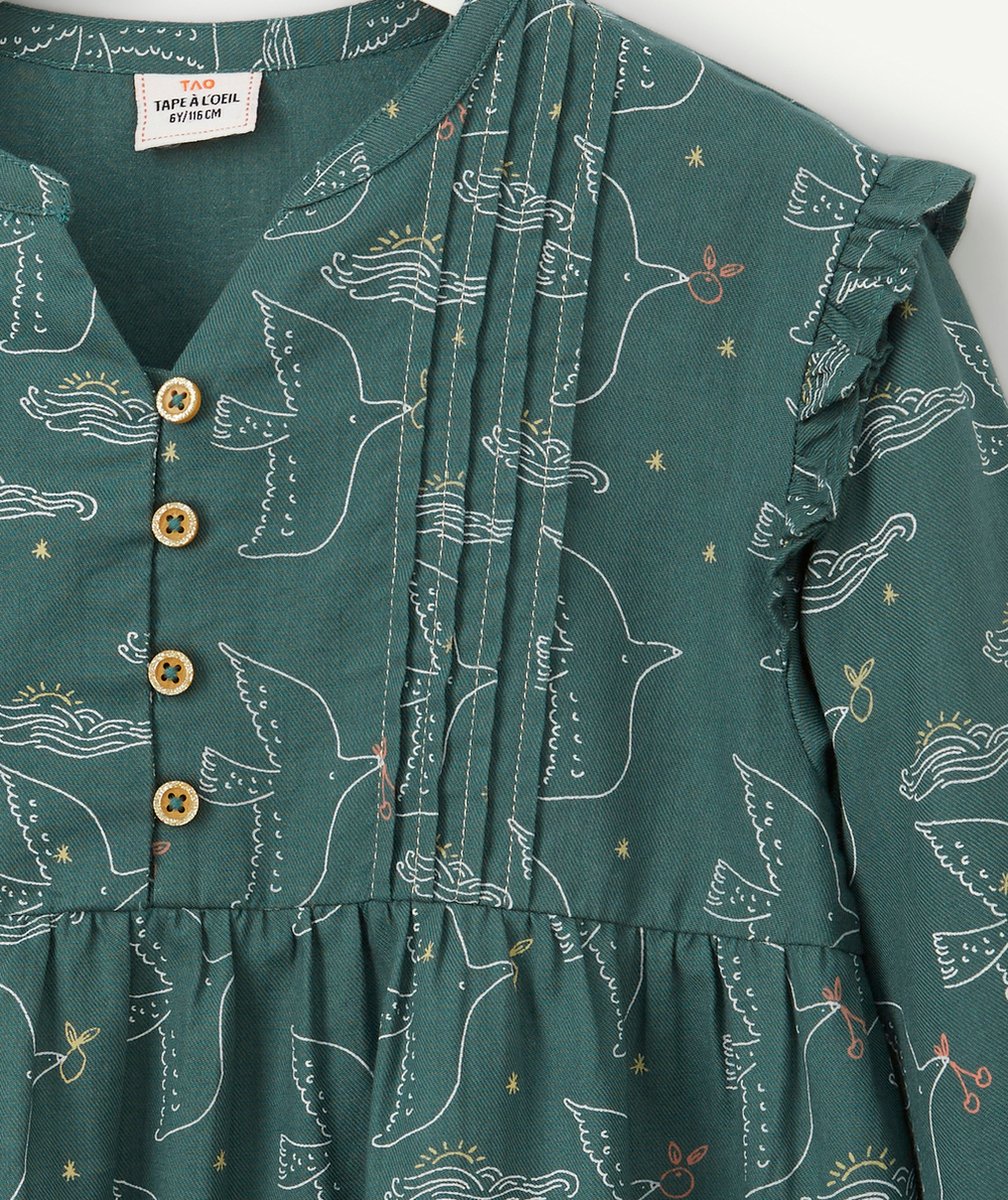 ROBE FILLE EN COTON VERT FONCÉ AVEC MOTIFS OISEAUX ET VAGUES