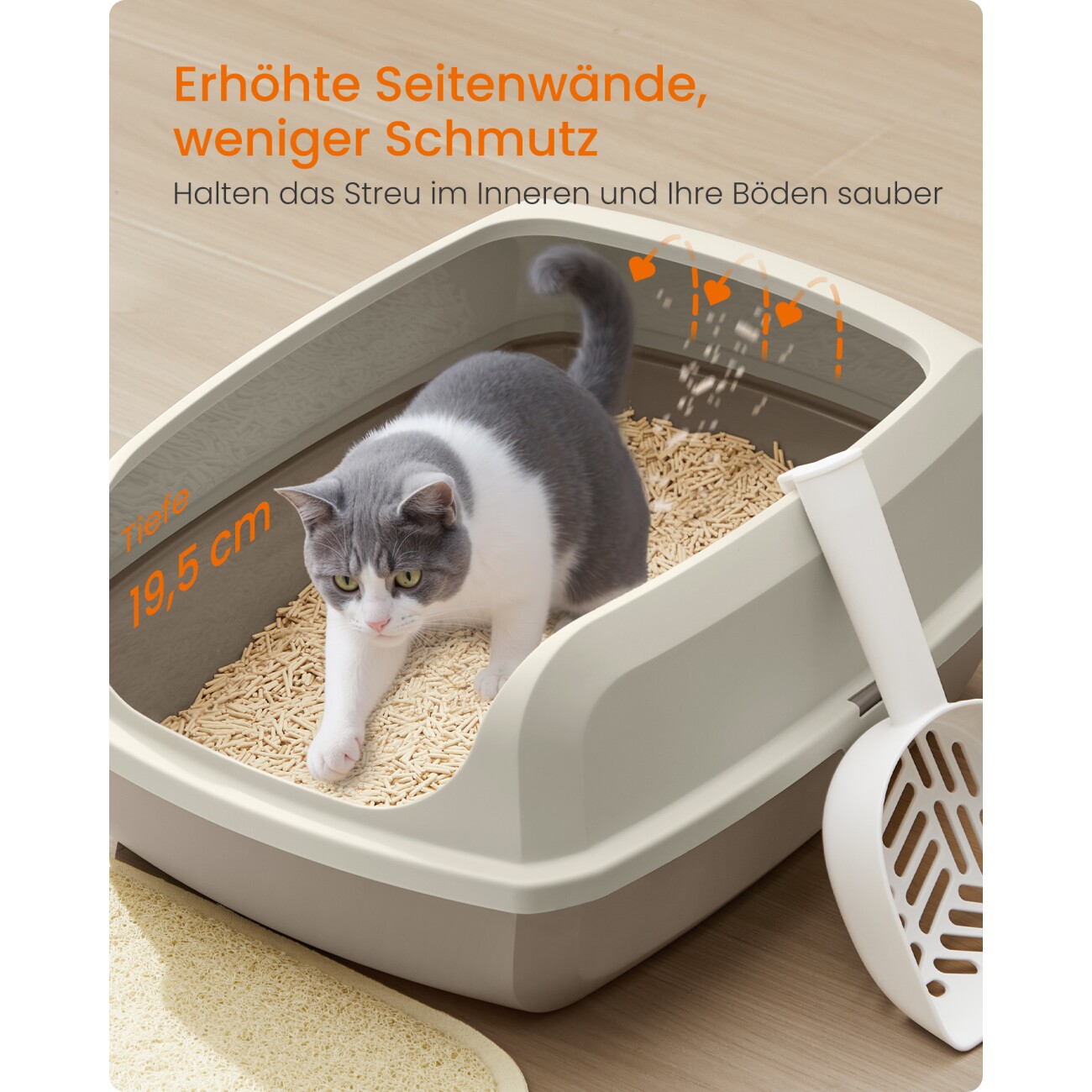 FEANDREA Katzenklo mit hohen Seitenwänden, offene Katzentoilette, mit Schaufel