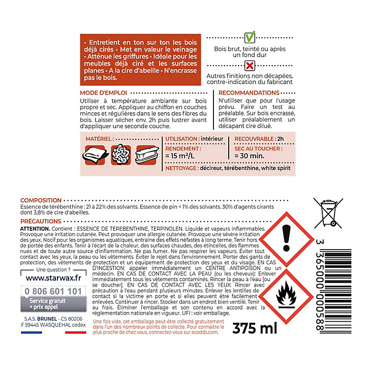 Cire antiquaire pâte bois ciré chêne moyen Starwax 375ml