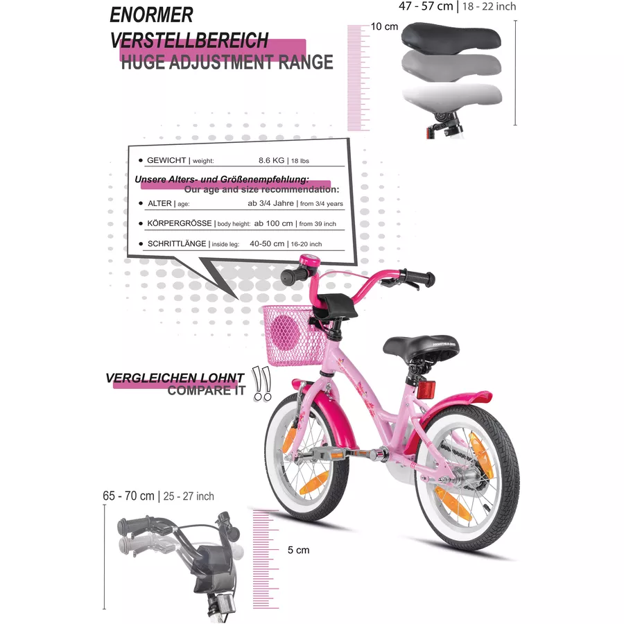 PROMETHEUS BICYCLES® HAWK Kinderfahrrad 14 , Rosa-Weiß mit Stützrädern