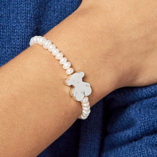 Pulseira Sweet Dolls com motivo de urso em pérolas e prata