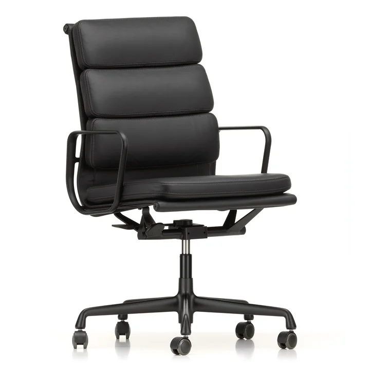 Vitra - EA 219 Soft Pad Bürostuhl beschichtet tiefschwarz mit Armlehnen, Leder Premium F nero (Hartbodenrollen)
