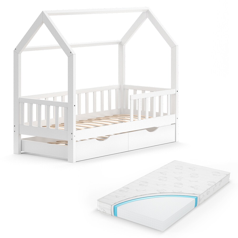 VitaliSpa Kinderbett Hausbett Gästebett Wiki Weiß 80x160cm Schublade Matratze