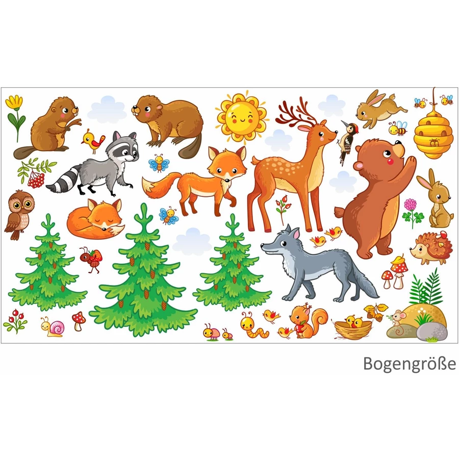 Nikima Wandtattoo 081 Wandtattoo Waldtiere Kinderzimmer Sticker Aufkleber Bär Fuchs Eule Hirsch bunt